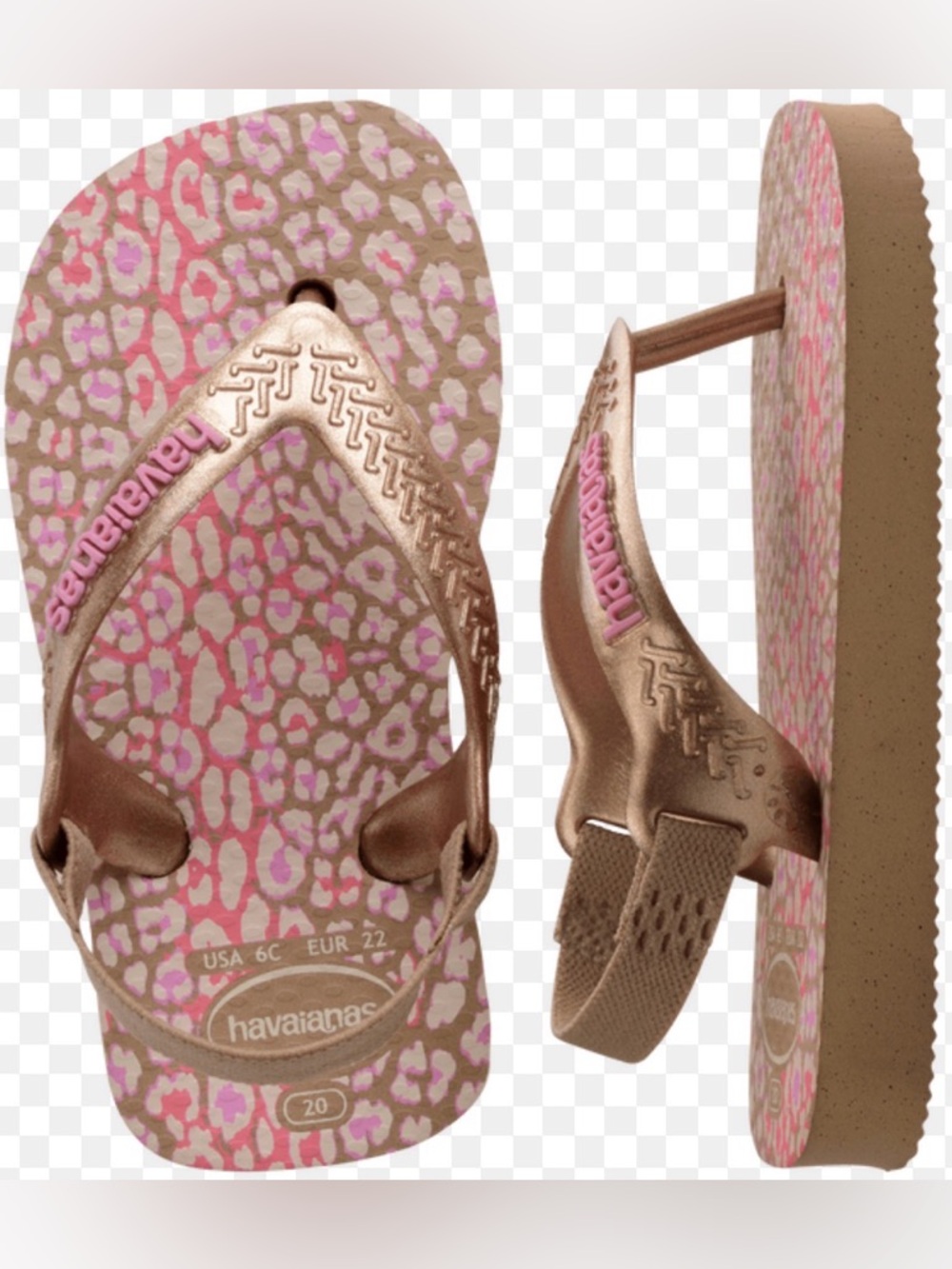 Havaianas Kids' Pink Leopard Metallic Bronze Flip Flops size 6C but run small